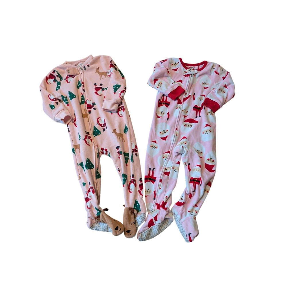 Carter's Child of Mine Baby Christmas Footed Pajamas Lot Fleece Santa Pink 18M